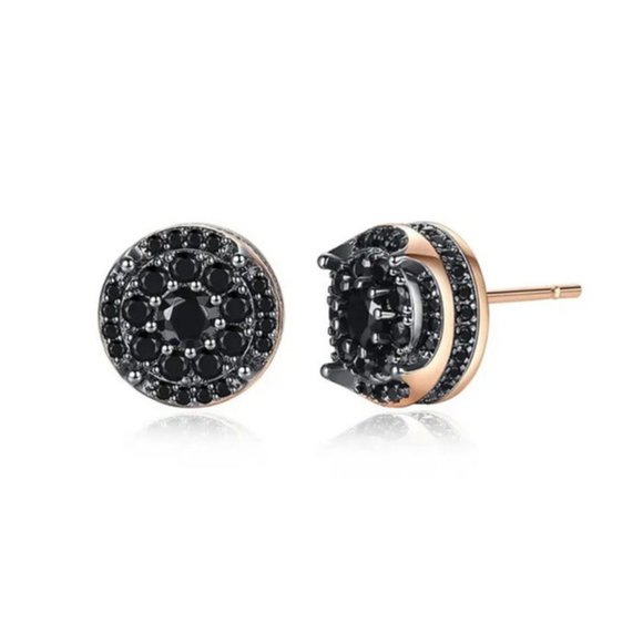 2ct Black Diamond Mens Earrings 18K Rose Gold Guys Round Studs Jewelry 2 ct 18 k